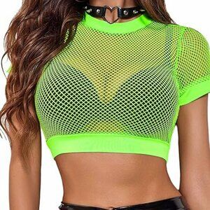 Fishnet Crop Top for Women See Through Shirt Neon Green Size‎ XL
